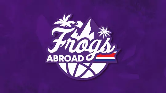 Frogs Abroad Graphic with logo and purple background