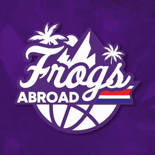 Frogs Abroad Graphic with logo and purple background