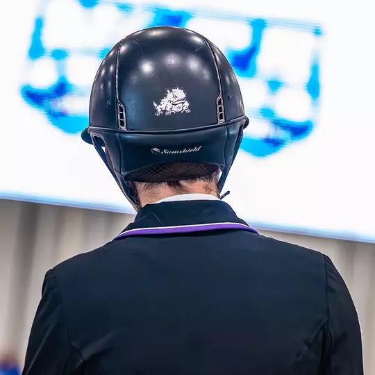 Photo of the back of a jumping seat riders helmet