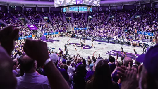 Fans cheer inside Schollmaier Arena during at TCU women's basketball game vs. Washington