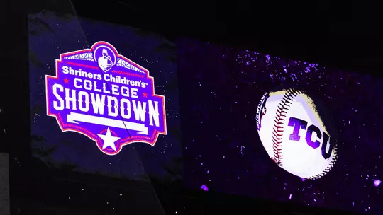 Globe Life Field Scoreboard featuring Shriner's logo and baseball with TCU logo.