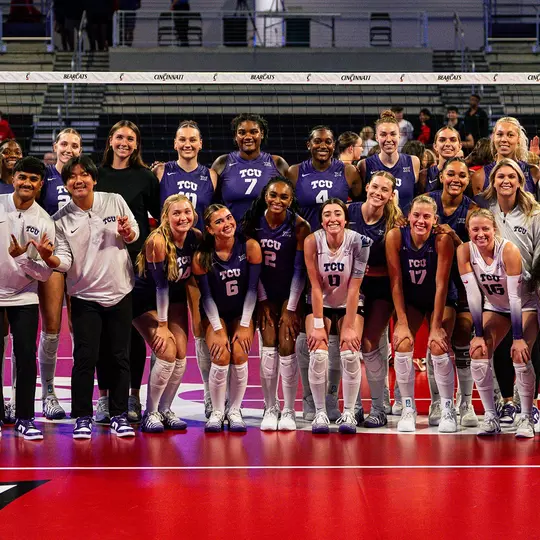TCU Volleyball team photo after their win at Cincinnati