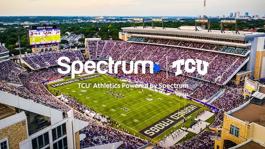 A picture of Amon G Carter Stadium with Spectrum and TCU logos overlaid.