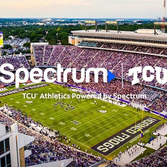 A picture of Amon G Carter Stadium with Spectrum and TCU logos overlaid.