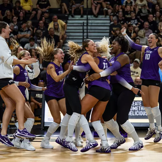 TCU volleyball celebrates after sweeping Purdue on the road