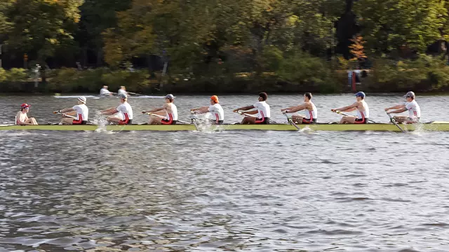 Photo of the BU Men's Rowing Championship 8 "B" crew competing at the Head of the Charles.