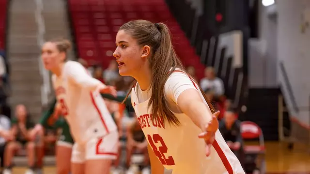 Photo of BU women's basketball sophomore Allison Schwertner playing defense.