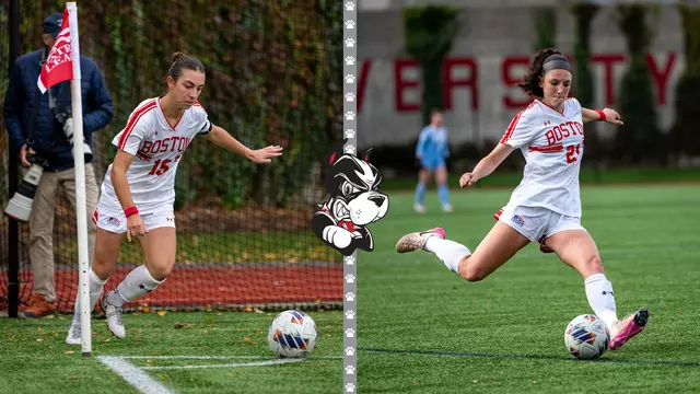 Photos of Giulianna Gianino (left) and Helene Tyburczy (right) playing soccer.