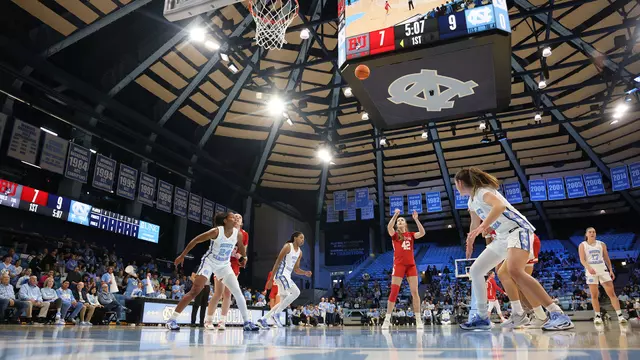 Photo of BU women's basketball sophomore Allison Schwertner shooting a free throw at UNC.