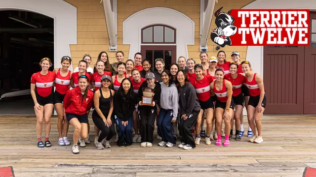 Photo of the BU lightweight rowing team with a Terrier Twelve logo in the upper-right corner.