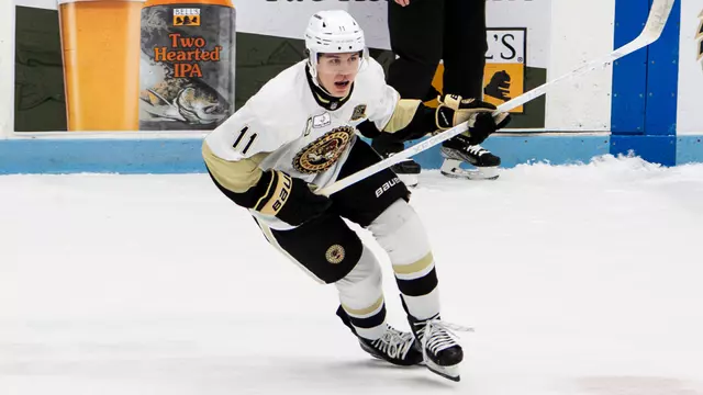 Tynan Lawrence skating for the Muskegon Lumberjacks