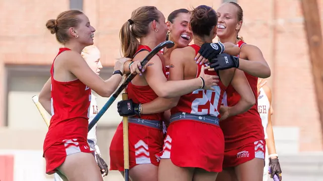BU field hockey players celebrate a goal during a 7-1 win over Lehigh