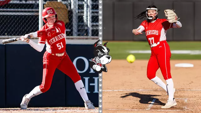 Patriot League player of the week Kylie Doherty is swinging her bat on the left side of the graphic, and Pitcher of the Week Kasey Ricard is pitching on the right side