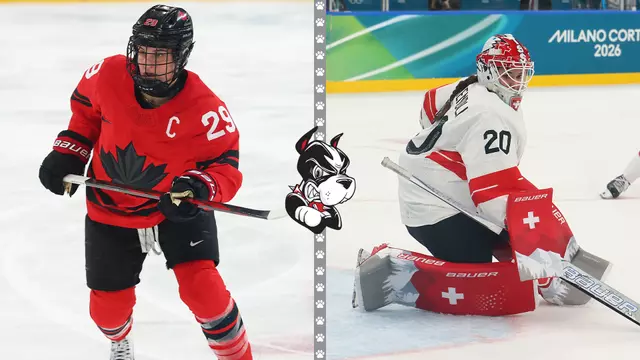 Picture of Marie-Philip Poulin playing hockey next to a picture of Andrea Brandli playing goalie