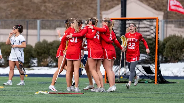 Women's Lacrosse Celebrates Goal at Yale