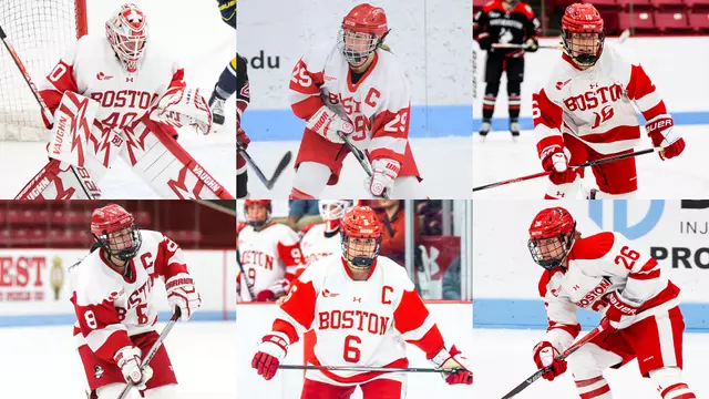 Six photos in squares that show all six women's ice hockey olympians for 2026