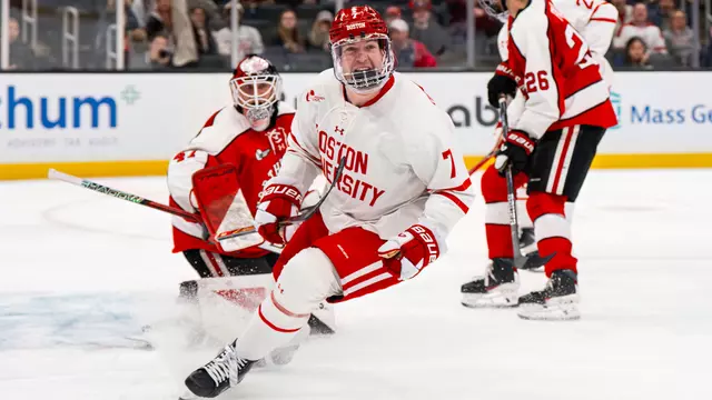 Nick Roukounakis celebrates his goal in the Beanpot semifinals against Northeastern