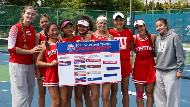 Women's tennis holds up the bracket board headed to the championship