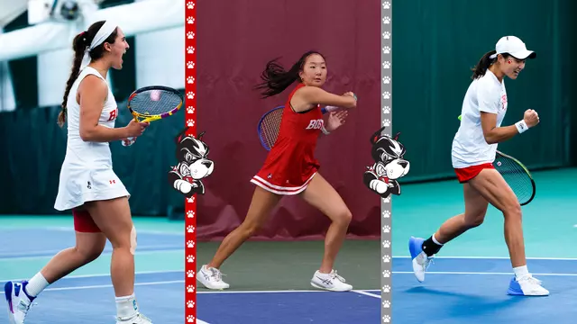Picture of Gabriella Mikaul playing tennis next to Madison Liu playing tennis next to Nancy Liu playing tennis