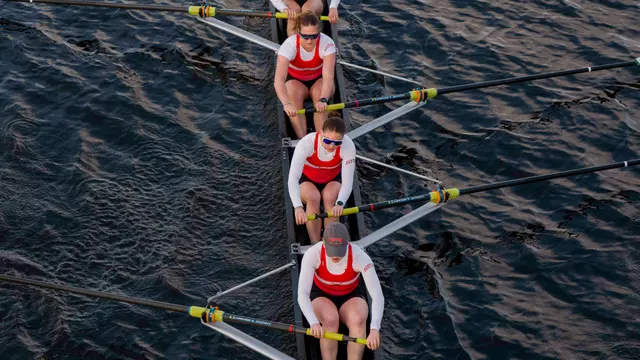 women's rowing overhead shot on the charles river