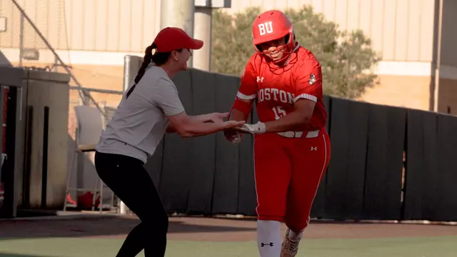 Irys Kline celebrates with head coach Ashley Waters after hitting a pinch-hit home run in the NCAA Lubbock Regional against Marist
