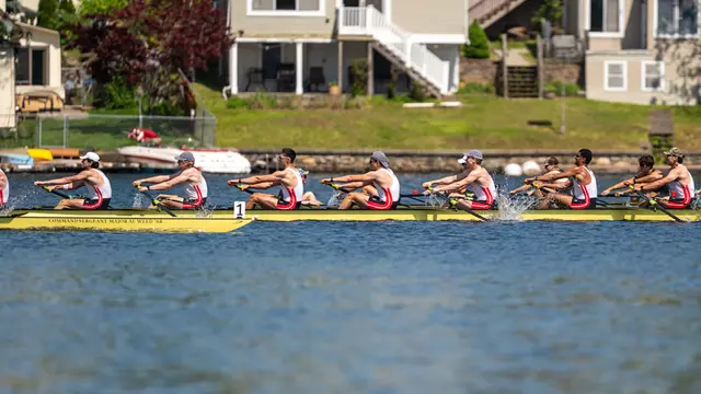 Photo of the BU Men's Rowing Third Varsity 8 racing at the Eastern Sprints.