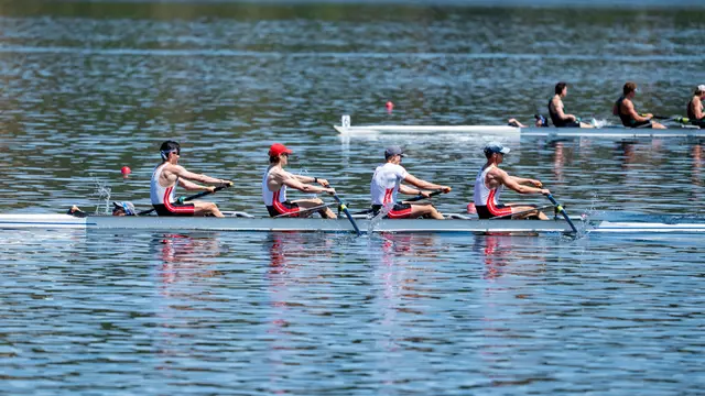 Photo of the BU Men's Rowing Varsity 4 racing at the IRA National Championship Regatta.