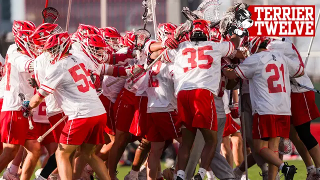 Men's Lacrosse Terrier 12 Graphic featuring celebration photo after Bucknell OT win