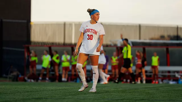Photo of BU women's soccer junior Olivia Avellar looking up during a game at Nickerson Field.