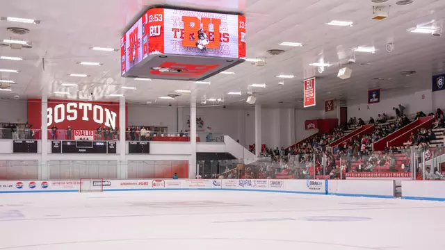 Wide shot of Walter Brown Arena pregame with no one on the ice