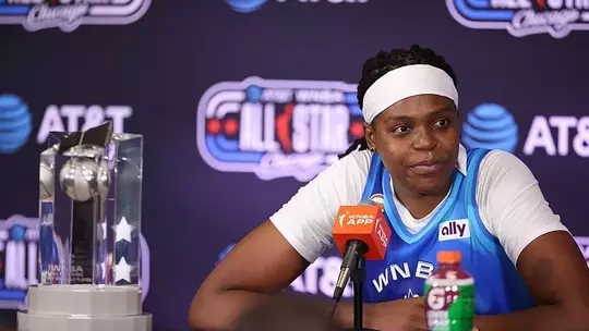Jonquel Jones Sits in Press Conference With WNBA All-Star Game MVP Trophy