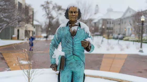 James Madison snowy statue