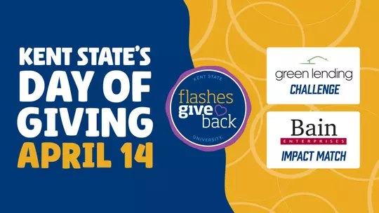 A promotional graphic for Kent State University's Day of Giving on April 14, featuring the "Flashes Give Back" circular logo at center on a navy blue and gold background. Bold white and gold text on the left reads "Kent State's Day of Giving April 14." To the right, two sponsor logos are displayed — the Green Lending Challenge and the Bain Enterprises Impact Match — indicating matching gift opportunities available during the fundraising event.