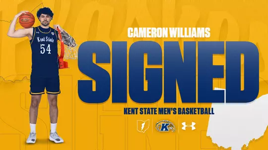 "A gold and navy horizontal signing announcement graphic for Kent State Men's Basketball. Cameron Williams (#54) is shown full-length on the left side in his navy Kent State Under Armour uniform, holding a Spalding basketball overhead in one hand and a basketball net and rim in the other. Bold navy text reads 'SIGNED' alongside 'Cameron Williams' and 'Kent State Men's Basketball.' The Kent State and Under Armour logos and an outline of the state of Ohio appear on the right side."