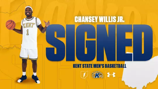 Kent State Men's Basketball signing announcement graphic for Chansey Willis Jr. A gold background features Willis Jr. in a white Kent number 1 uniform, smiling and gesturing with one hand while holding a basketball in the other. A white outline of the state of Ohio appears in the lower right. Text reads 'Chansey Willis Jr. – Signed – Kent State Men's Basketball.' The Ohio Flash, Kent State Golden Flashes, and Under Armour logos appear in the center right.