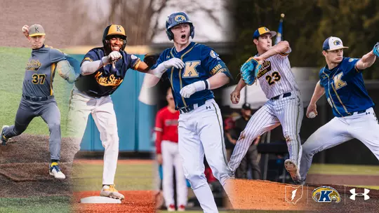Collage graphic featuring five Kent State Golden Flashes baseball players in action — a pitcher in gray No. 37 delivering from the mound, a player in a navy 'Kent State' jersey celebrating at a base, a batter in a navy 'K' jersey reacting after a hit, and a pitcher in white pinstripes No. 23 firing a throw — with the Kent State lightning bolt, Golden Flashes, and Under Armour logos in the lower right corner.