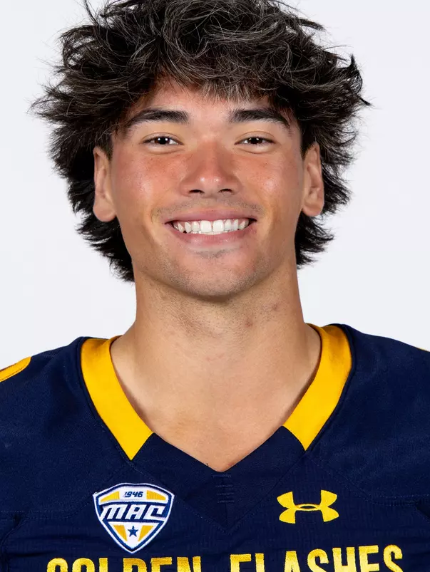 Headshot of a Kent State football player wearing a navy blue jersey with 'Golden Flashes' text in gold letters