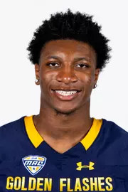 Headshot of a Kent State football player wearing a navy blue jersey with 'Golden Flashes' text in gold letters