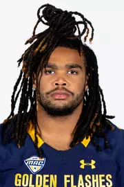 Headshot of a Kent State football player wearing a navy blue jersey with 'Golden Flashes' text in gold letters