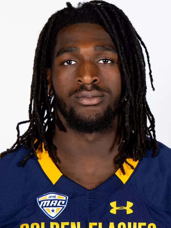Headshot of a Kent State football player wearing a navy blue jersey with 'Golden Flashes' text in gold letters