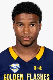 Headshot of a Kent State football player wearing a navy blue jersey with 'Golden Flashes' text in gold letters