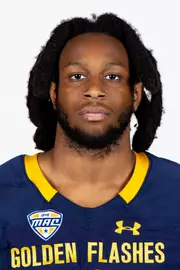 Headshot of a Kent State football player wearing a navy blue jersey with 'Golden Flashes' text in gold letters
