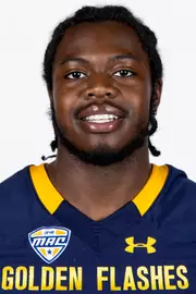 Headshot of a Kent State football player wearing a navy blue jersey with 'Golden Flashes' text in gold letters