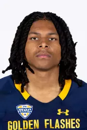 Headshot of a Kent State football player wearing a navy blue jersey with 'Golden Flashes' text in gold letters
