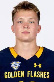 Headshot of a Kent State football player wearing a navy blue jersey with 'Golden Flashes' text in gold letters