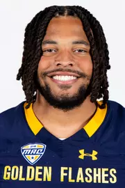 Headshot of a Kent State football player wearing a navy blue jersey with 'Golden Flashes' text in gold letters