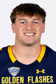 Headshot of a Kent State football player wearing a navy blue jersey with 'Golden Flashes' text in gold letters