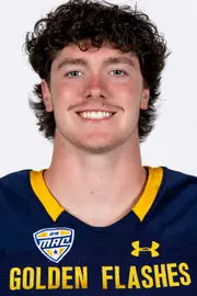 Headshot of a Kent State football player wearing a navy blue jersey with 'Golden Flashes' text in gold letters