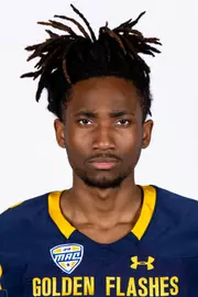 Headshot of a Kent State football player wearing a navy blue jersey with 'Golden Flashes' text in gold letters