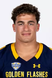 Headshot of a Kent State football player wearing a navy blue jersey with 'Golden Flashes' text in gold letters